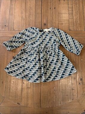 Mabo Organic blue and green geometric fan print tie back dress 18 months